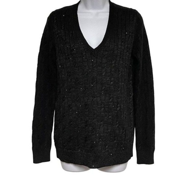 Ann Taylor LOFT V-Neck Sweater Sparkle Knit Pullover Long Sleeve Black Women's S - Picture 1 of 11